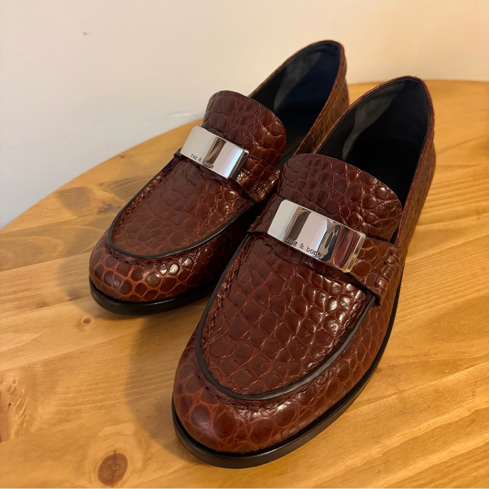 Rag & Bone Canter Loafer Flats Shoes Croc Embossed Leather Brown NEW
Size 40/10